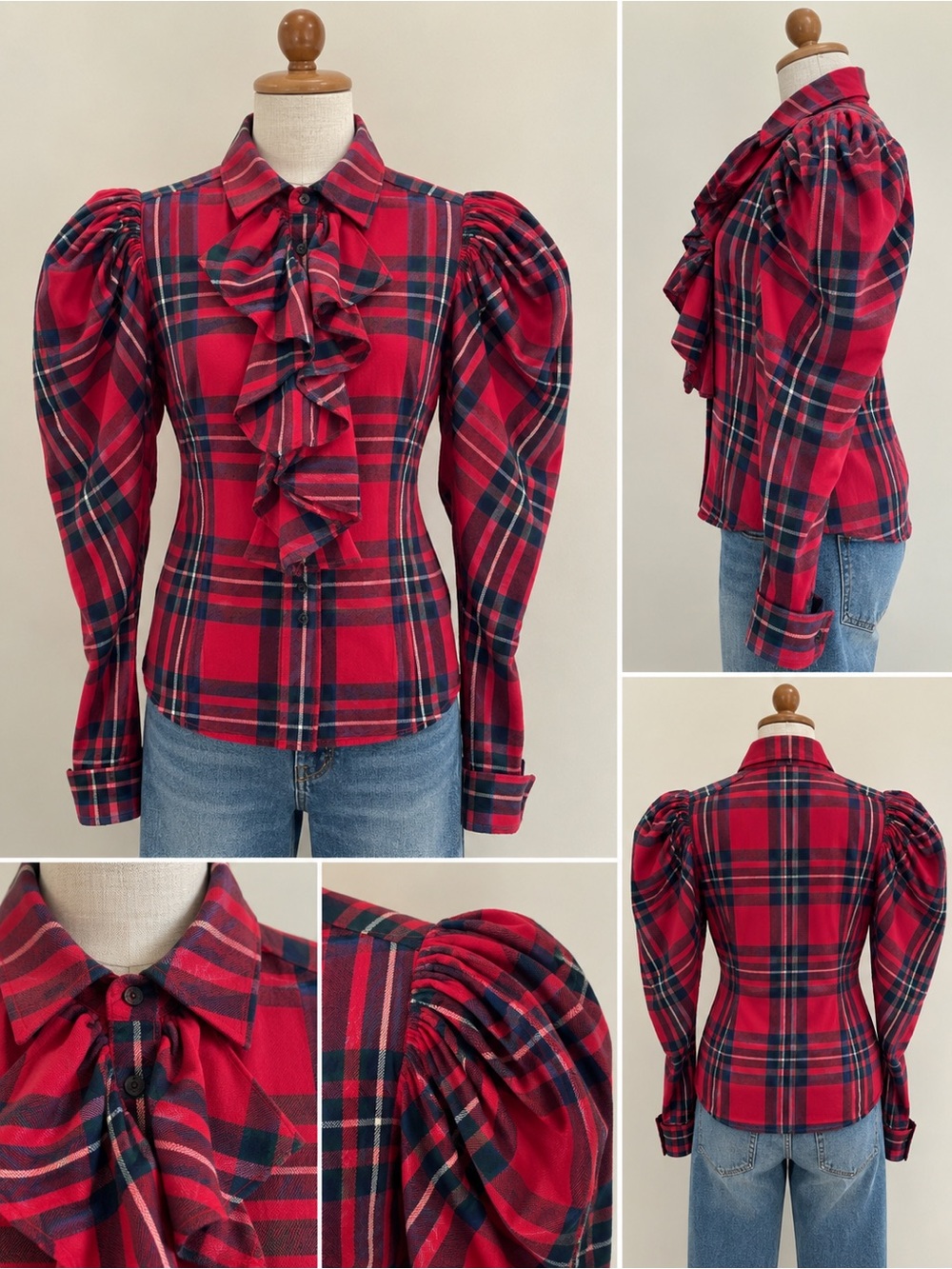 Vintage Ralph Lauren Rugby Red Plaid Ruffle Puff-Sleeve Button-Down